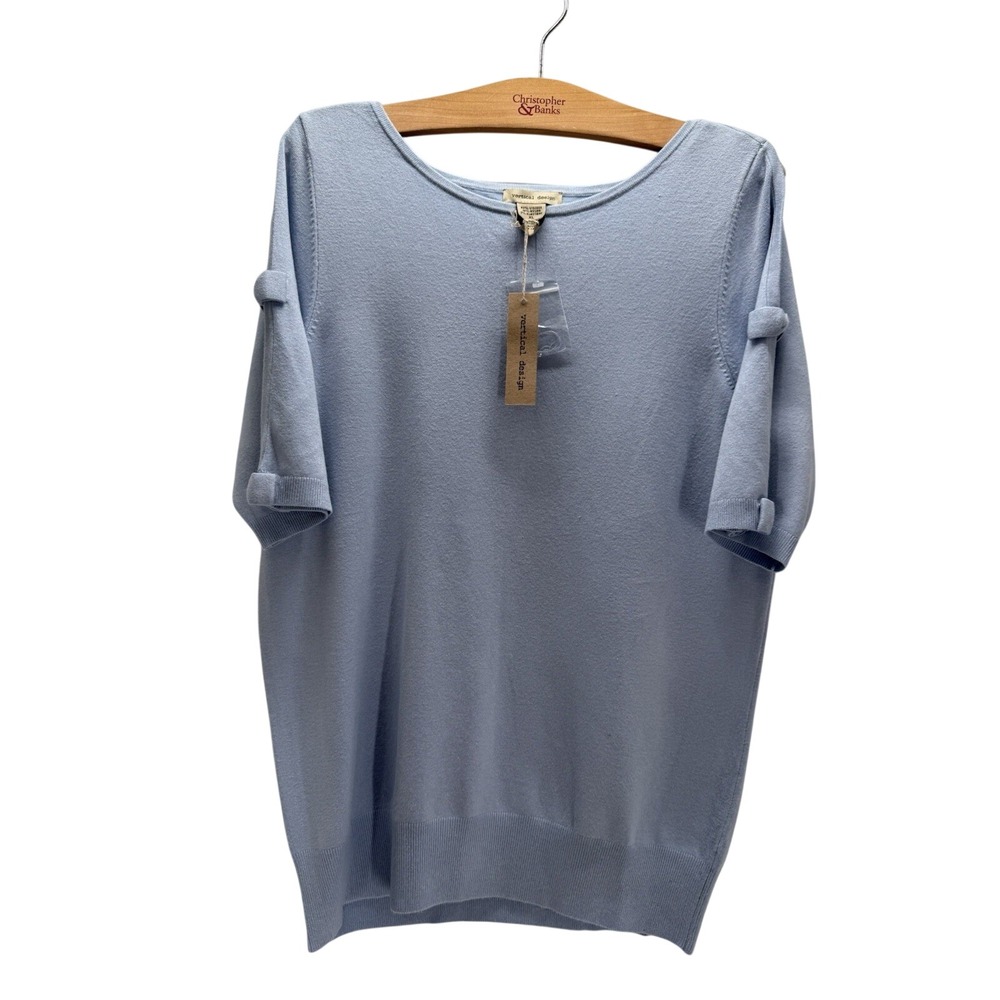 NEW Vertical Design Blue‎ Cold Shoulder Bow Sleeve Knit Sweater XL Cottagecore